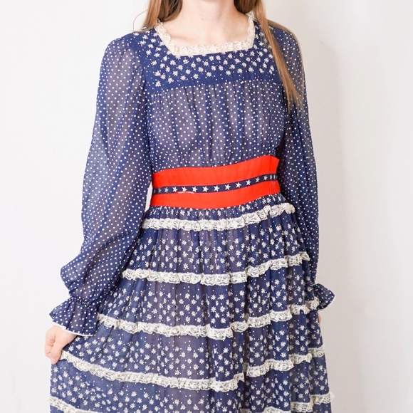 Vintage Americana Lace Peasant Maxi Dress Blue Red - Picture 2 of 8